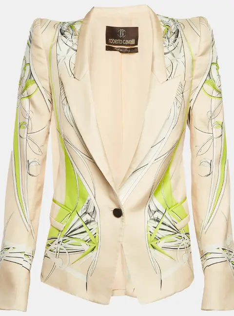 Roberto Cavalli Light Orange Abstract Print Satin Regular Fit Blazer S