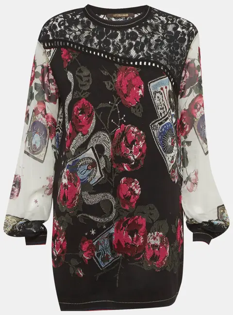 Roberto Cavalli Black Floral Knit and Lace Pullover M