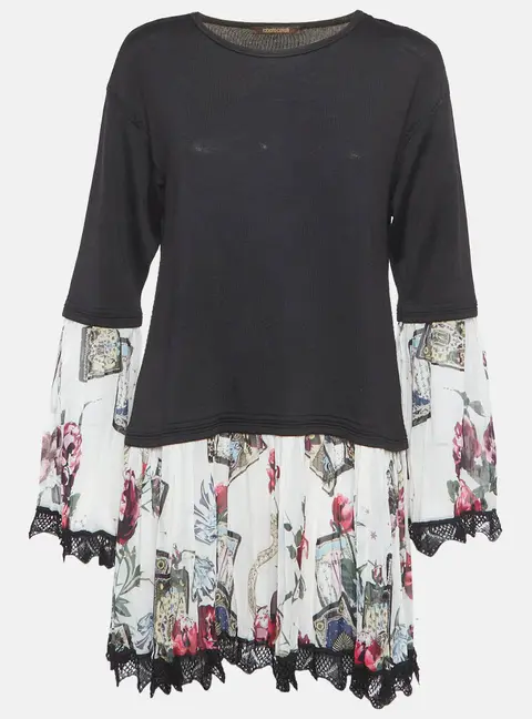 Roberto Cavalli Black Knit and Plisse Silk Mini Dress M