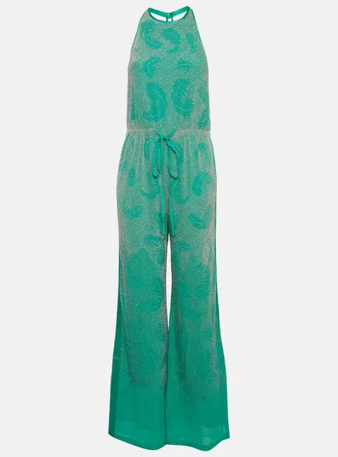 Roberto Cavalli Green Chiffon Embellished Halter Jumpsuit S