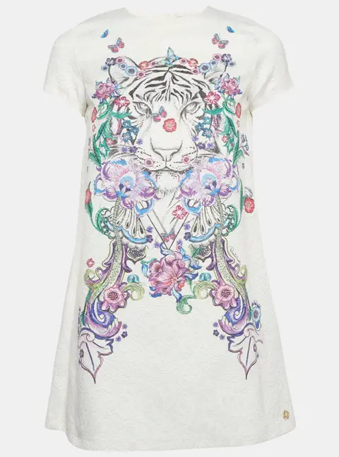 Roberto Cavalli White Tiger and Floral Print Jacquard A-Line Mini Dress XS