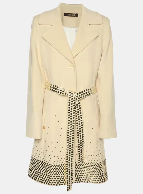 Roberto Cavalli Cream Wool Blend Belted Studded Trench Coat L