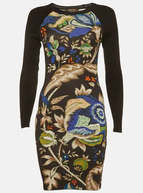 Roberto Cavalli Blue Printed Jersey and Rib Knit Mini Dress S