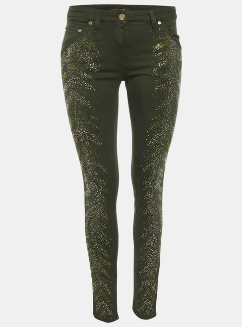 Roberto Cavalli Green Denim Rhinestone Skinny Jeans S/Waist 28"