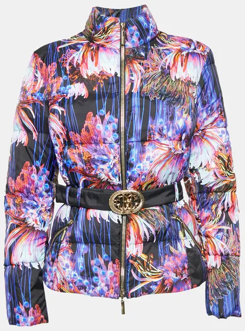 Roberto Cavalli Black Floral Print Nylon Puffer Down Jacket L