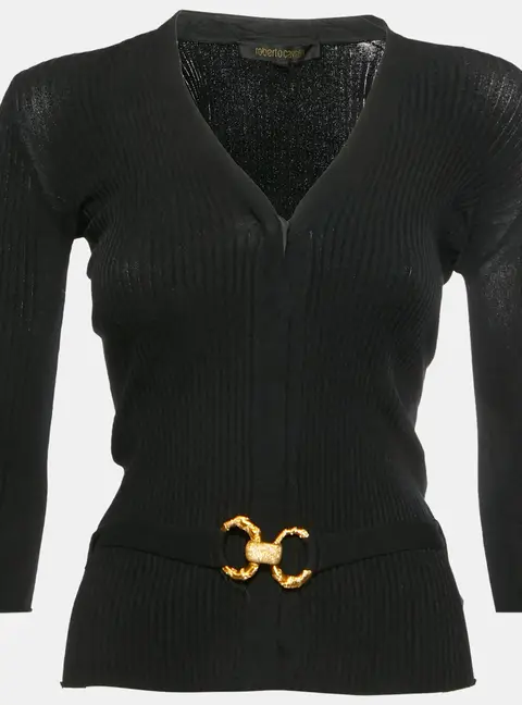 Roberto Cavalli Black Rib Knit Belted Top S