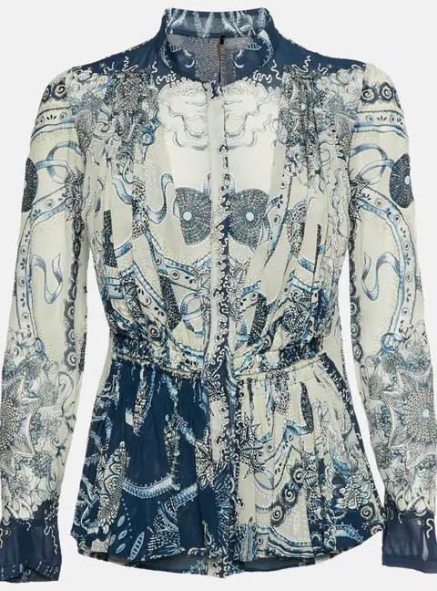 Roberto Cavalli White/Blue Floral Print Silk Chiffon Top S