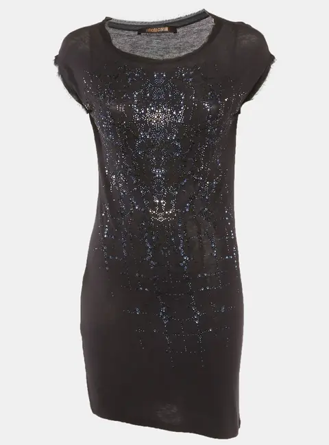 Roberto Cavalli Black Knit Bead Embellished Raw Edge Tunic S