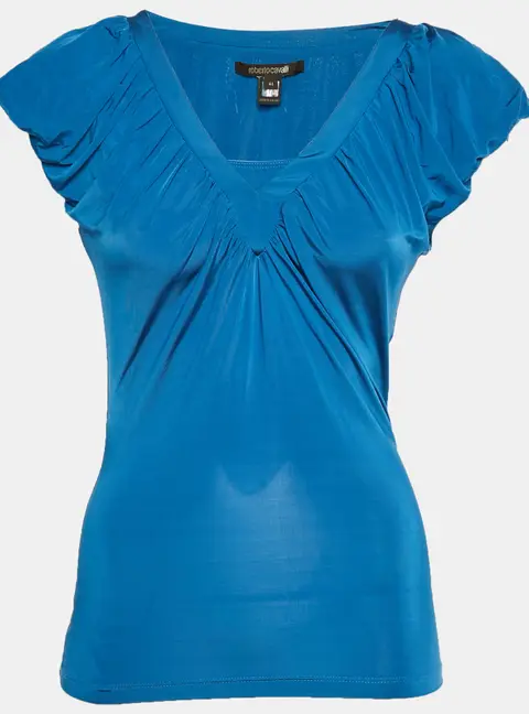 Roberto Cavalli Blue Jersey Ruche V-Neck Top M
