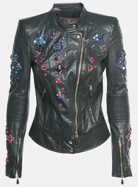 Roberto Cavalli Black Leather Embellished Biker Jacket S