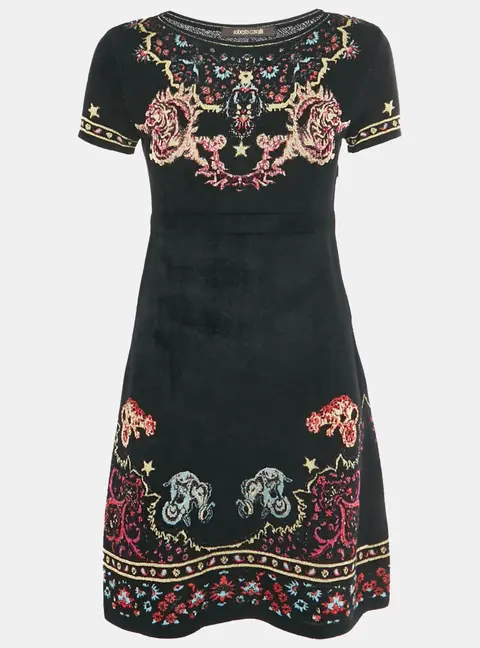 Roberto Cavalli Black Velvet Knit Crewneck Mini Dress M