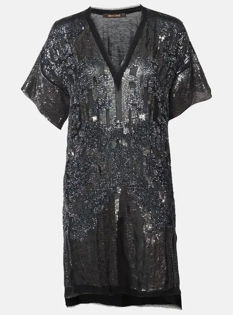 Roberto Cavallli Black Sequined Silk Mini Shift Dress L