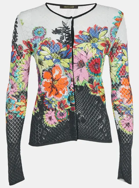 Roberto Cavalli Black Floral Knit Cardigan M