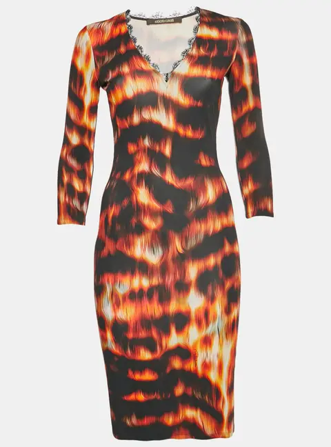 Roberto Cavalli Black/Orange Flames Print Jersey Shift Dress S