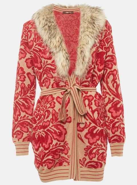 Roberto Cavalli Beige/Red Floral Jacquard Knit Fur Trim Cardigan M