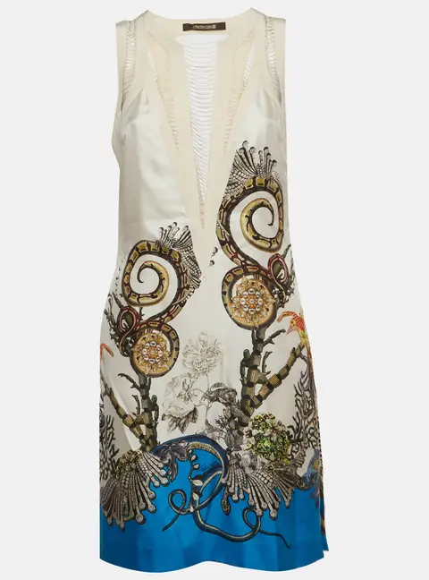 Roberto Cavalli White Floral Snake Print Satin Mini Dress M