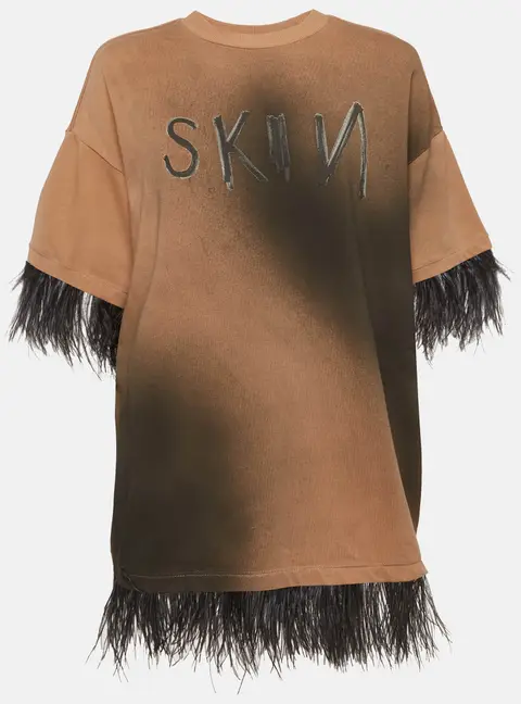 Roberto Cavalli Brown Feather Trim Cotton Knit Oversized T-Shirt XS