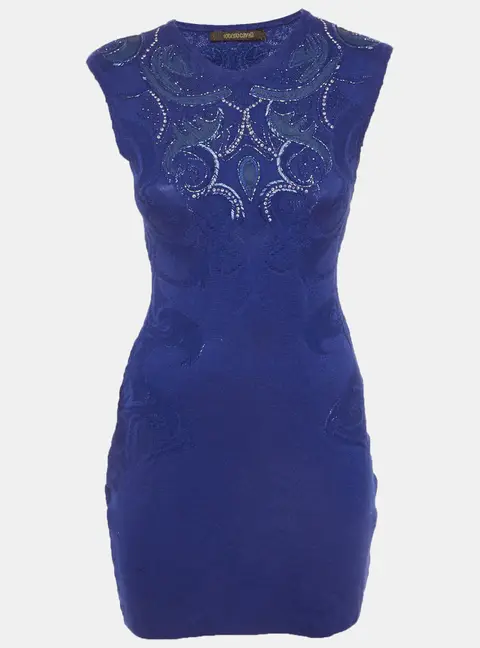 Roberto Cavalli Blue Embroidered Stretch Knit Mini Dress M