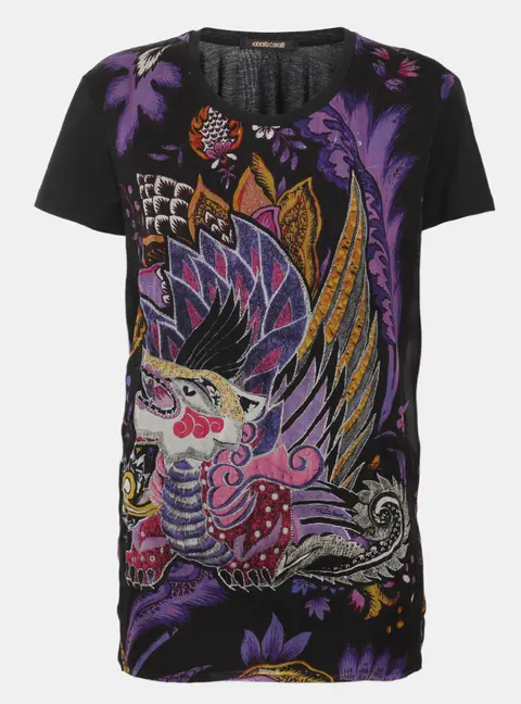 Roberto Cavalli Black Multicolor Printed Cotton and Chiffon Top M
