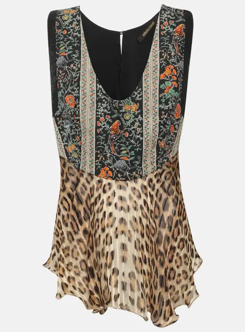 Roberto Cavalli Multicolor Floral and Leopard Printed Satin and Sequin Sleeveless Top M