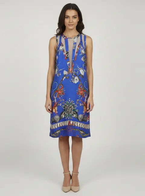Roberto Cavalli Navy Blue Printed Silk Net Inset Detailed Dress M
