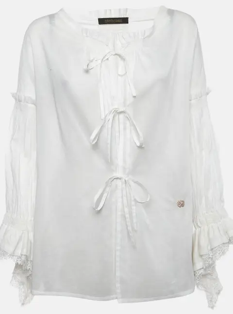 Roberto Cavalli Vintage White Cotton Smocked Ruffled Blouse M