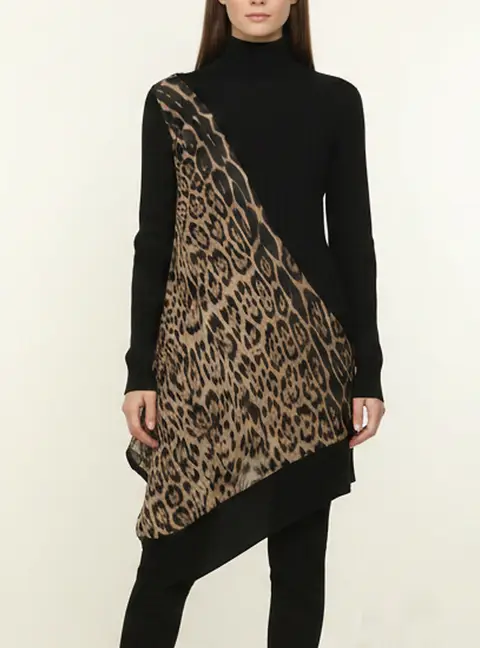 Roberto Cavalli Black Python Print Silk and Knit Turtleneck Asymmetrical Sweater Dress M