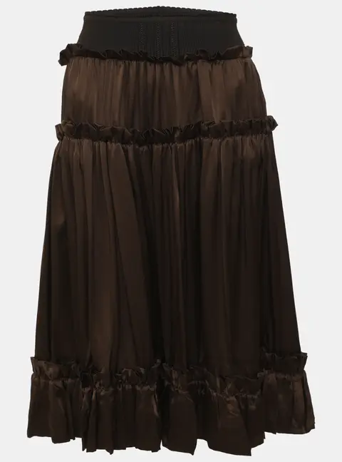 Roberto Cavalli Metallic Brown Satin Pleated Ruffled Midi Skirt M