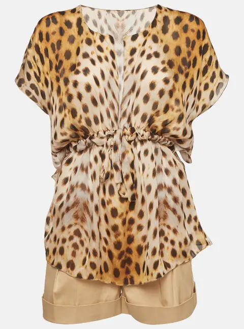 Roberto Cavalli Beige Chiffon and Gabardine Top and Short Set M