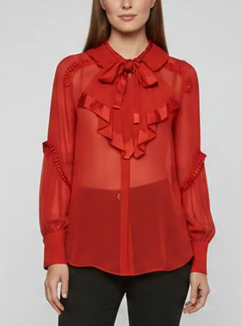 Roberto Cavalli Red Crepe Ruffle Detail Sheer Top M