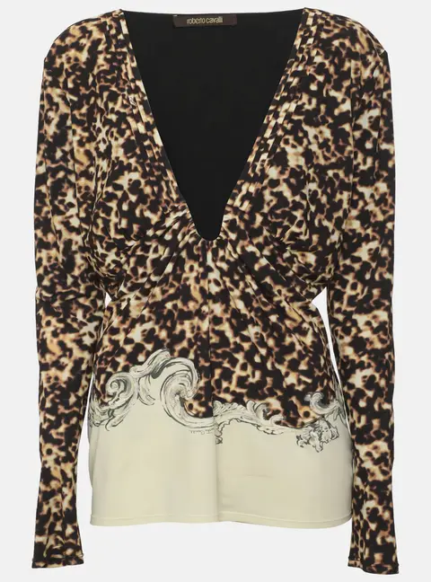 Roberto Cavalli Multicolor Printed Jersey V Neck Tops L