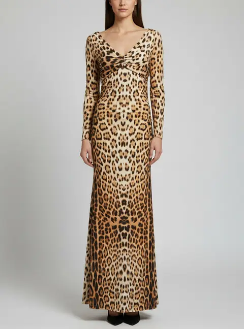 Roberto Cavalli Beige Leopard Print Jersey Ruched Maxi Dress S