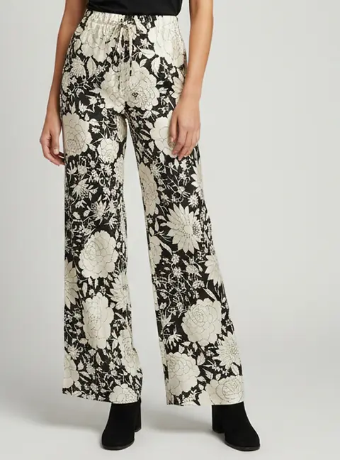 Roberto Cavalli Black/Cream Floral Print Satin Flared Trousers S