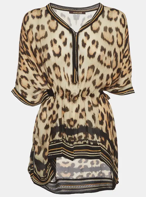 Roberto Cavalli Brown Leopard Print Silk Kaftan Top M