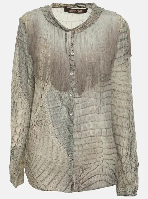Roberto Cavalli Multicolor Crocodile Print Chiffon Fringes Blouse L