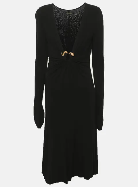 Roberto Cavalli Black Snake Detail V Neck Midi Dress M