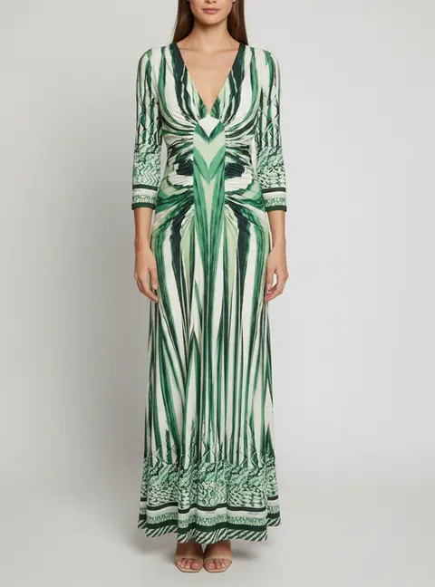Roberto Cavalli Green/White Printed Jersey Ruched Maxi Dress M