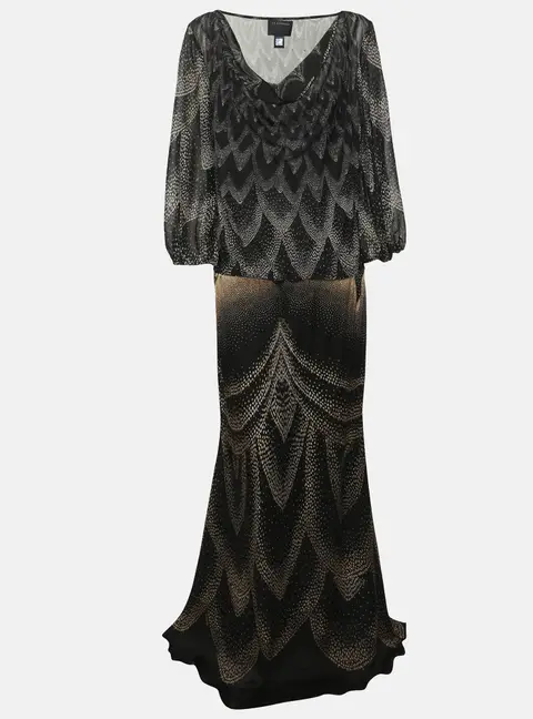 Roberto Cavalli Multicolor Printed Chiffon Drape Neck Maxi Dress M