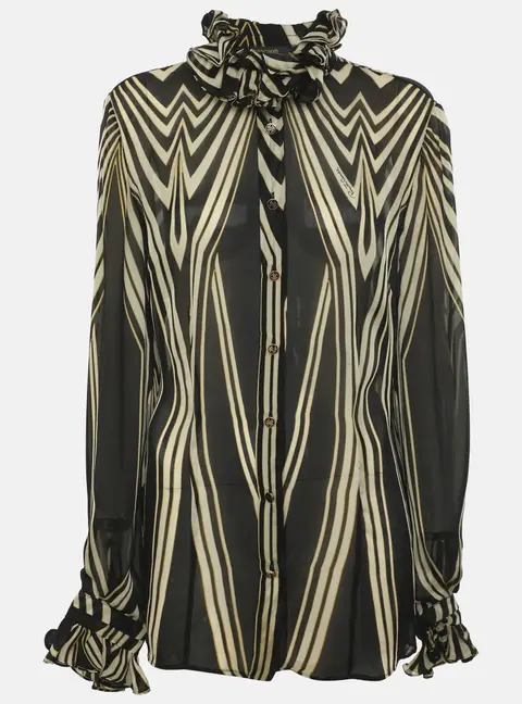Roberto Cavalli Brown/Beige Zebra Print Chiffon Long Sleeve Ruffled Neck Blouse M