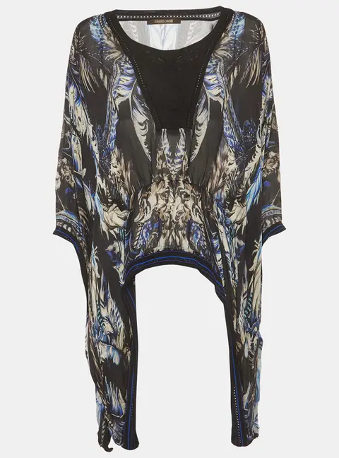 Roberto Cavalli Black Feather Print Silk Kaftan Blouse L