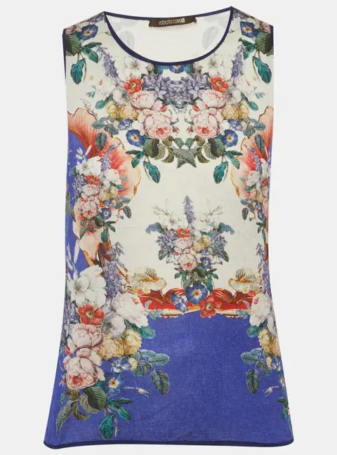 Roberto Cavalli Blue/Cream Floral Print Silk Knit Tank Top M