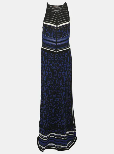 Roberto Cavalli Blue/Black Printed Rib Knit Dress L