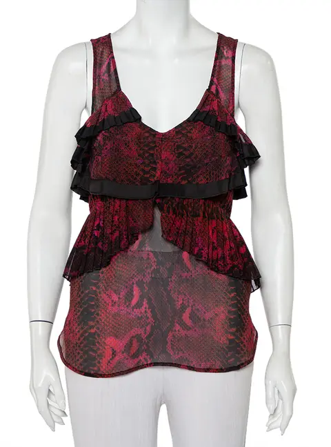 Roberto Cavalli Multicolor Snakeskin Printed Silk Pleated Detail Sleeveless Top S