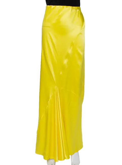 Roberto Cavalli Yellow Silk Satin Flared Maxi Skirt L