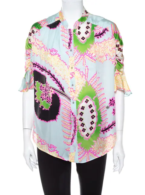 Roberto Cavalli Multicolor Abstract Printed Silk Ruffle Sleeve Blouse L
