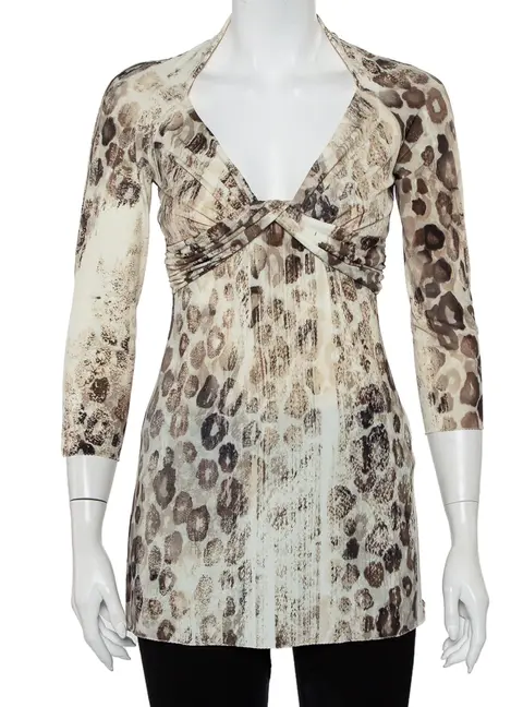 Roberto Cavalli Cream Animal Printed Knit Drape Detail Tunic M