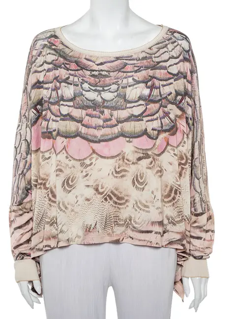 Roberto Cavalli Beige Printed Silk Knit Oversized Sweatshirt M
