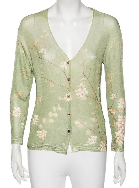 Roberto Cavalli Green Floral Printed Knit Button Front Cardigan L