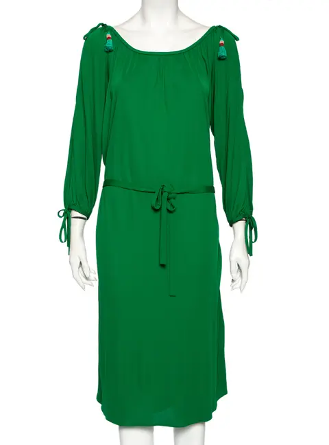 Roberto Cavalli Green Jersey Cold Shoulder Tassel Tie Detailed Belted Dress M