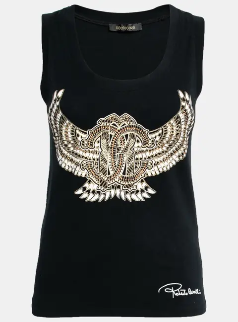 Roberto Cavalli Black Stretch Cotton Printed Tank Top L